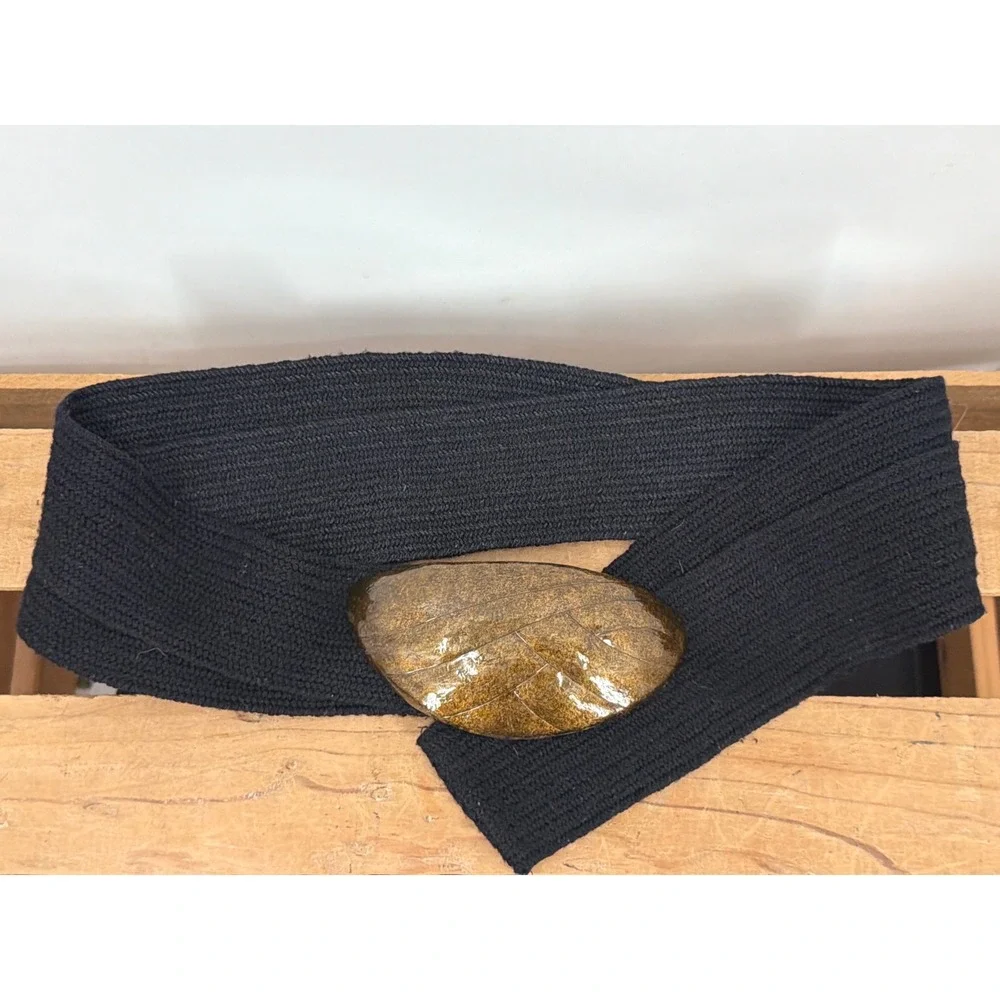 Vintage Black Wide Elastic Cinch Belt with Large Brown Leaf Metal Buckle 36in